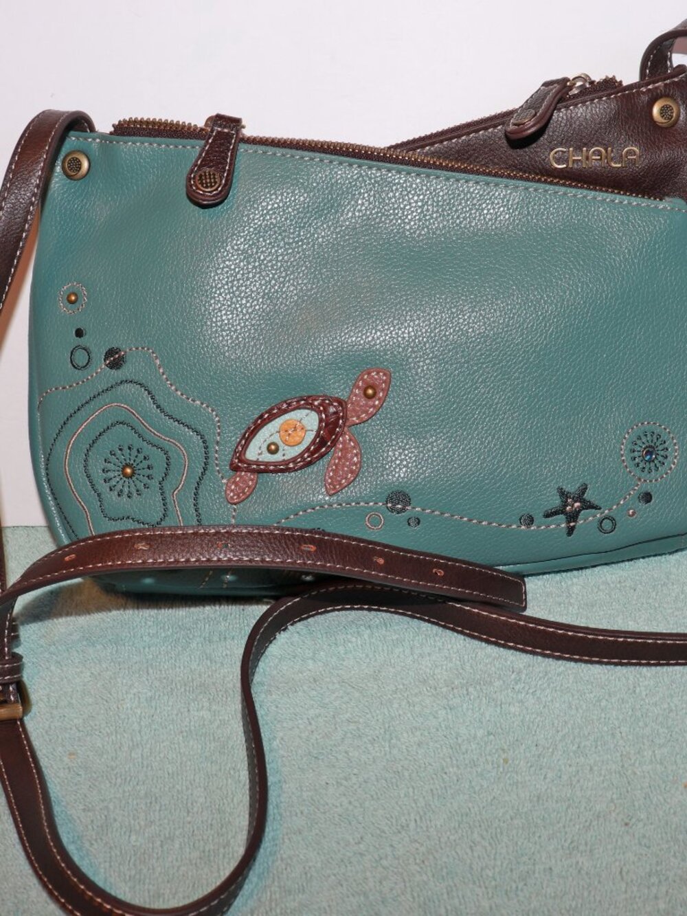 Chala Mini Crossbody Bag With Turtle  and Adjustable Strap 3 Compartments 11"X7"